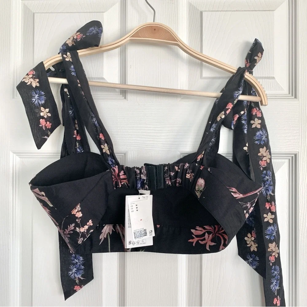 🪻H&M Tie-Strap Crop Top Floral Flowers Black Ribbon Tie Medium M